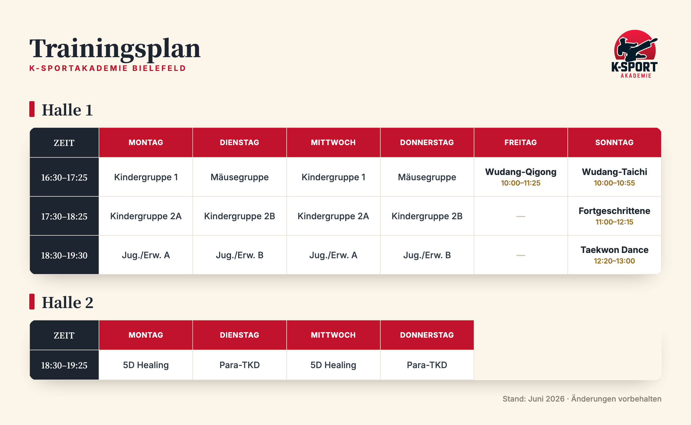 Trainingsplan der K-Sportakademie – Halle 1 und Halle 2, Stand 01.04.2026